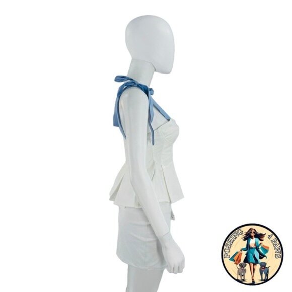 Hyacinth House NEW White and Blue Ophelia Bow Preppy Peplum Top Size Large - Picture 7 of 8